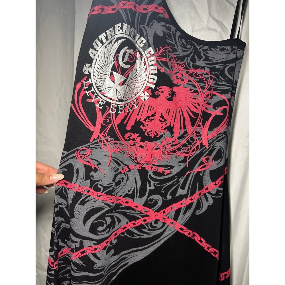 Coogi Womens One Shoulder Maxi Dress Black Pink Graphic Rhinestone Y2K M - Picture 7 of 10